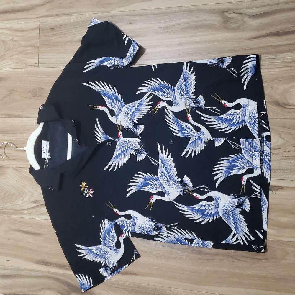 Men's Black Crane Print Casual Button Down Shirt
